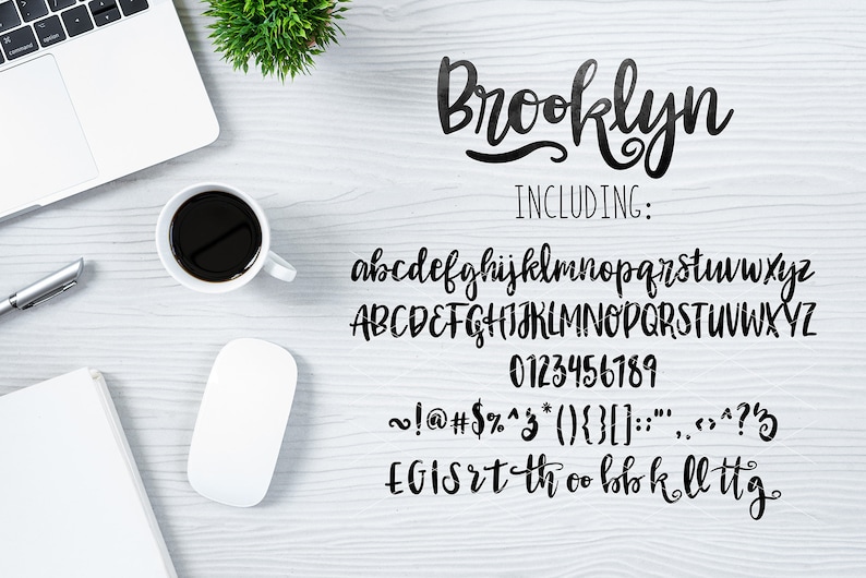 May include: A black and white image of the font "Brooklyn" in a handwritten style. The font includes uppercase and lowercase letters, numbers, and punctuation marks. The text "INCLUDING:" is written above the font.