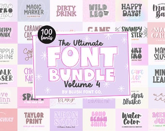 May include: A collage of 100 different font designs in a variety of styles, colors, and themes. The fonts are displayed in a grid format on a light purple background with white stars. The text "The Ultimate Font Bundle Volume 4 by Blush Font Co." is displayed in the center of the image.