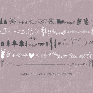 Pu&ograve; includere: Una collezione di dingbats natalizi disegnati a mano in bianco e nero, tra cui alberi, stelle, fiocchi di neve, ghirlande, regali, una renna, una slitta e la parola "Noel".