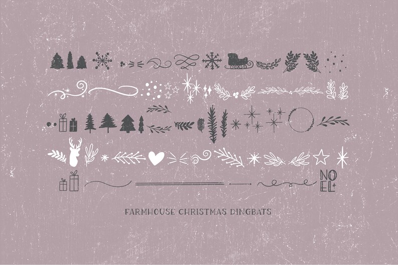 Pu&ograve; includere: Una collezione di dingbats natalizi disegnati a mano in bianco e nero, tra cui alberi, stelle, fiocchi di neve, ghirlande, regali, una renna, una slitta e la parola "Noel".