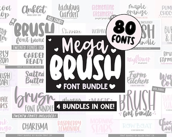 May include: A digital download of 80 brush fonts in a mega bundle. The image shows a collage of different font styles with names like "Cocoa Shop", "Anklet", "Ladybug Garden", "Clementine Creamery", "Maple Orange", "Pumpkin Chocolate", "Crafty Clutter", "Frosty Season", "Stylish Safari", "Chocolate Cupcakes", "Pink Mango", "Charisma", "Raspberry Lemonade", "Morning Stars", "Row Boat", "Chocolate Cookies", "Brushy Farmhouse", "Water Colour", "Shakeboard Summer", "Rayflower", "Farm Kitchen", "Burger & Fries", "Always", "Magic", and "Brush Font Bundle".