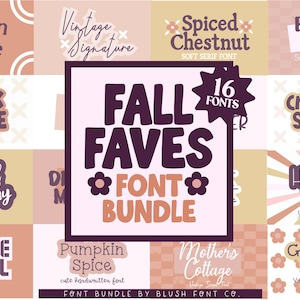 May include: A digital font bundle display featuring 16 distinct font styles in a warm color palette of peach, cream, and brown. The central graphic reads FALL FAVES FONT BUNDLE, surrounded by various text samples including Artisan Home, Break Dance, and Horror Show.