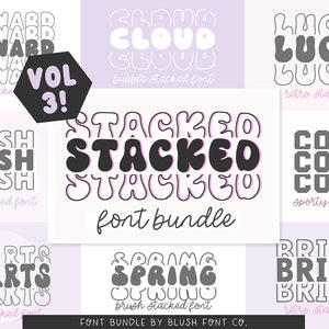 Puede incluir: Una descarga digital de 10 diseños de fuentes apiladas. Las fuentes son de varios estilos, incluyendo burbuja, simple, retro, deportivo y pincel. Las fuentes son todas en blanco y negro con contornos rosas. El texto "STACKED font bundle" está en el centro de la imagen.