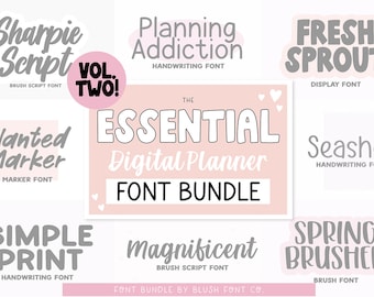 May include: A collection of digital planner fonts, including "Sharpie Script", "Planning Addiction", "Fresh Sprout", "Slanted Marker", "Simple Print", "Magnificent", "Seashell", and "Spring Brushed". The fonts are displayed in a pink and gray color scheme with the text "The Essential Digital Planner Font Bundle" in white.