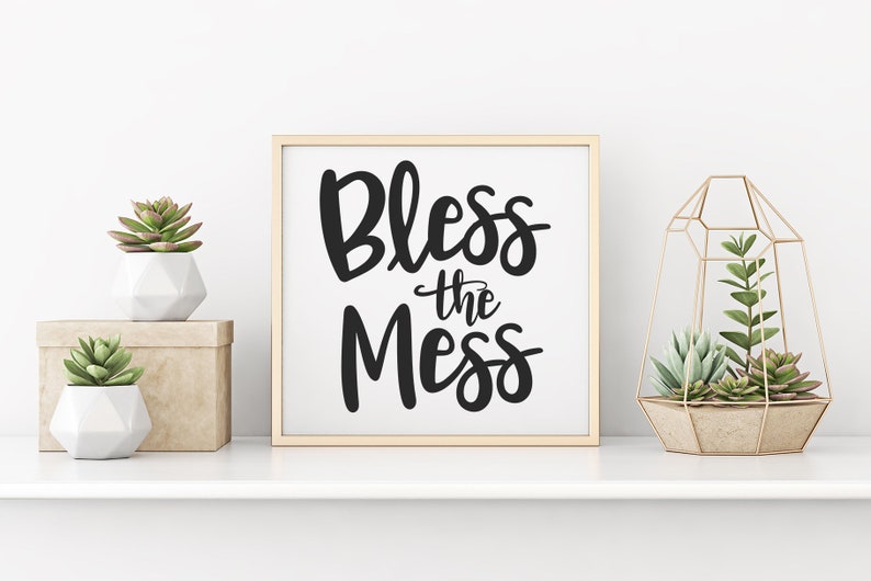 May include: A framed print with the text "Bless the Mess" in black script font on a white background. The print is displayed on a white shelf with two potted succulents and a gold geometric terrarium.