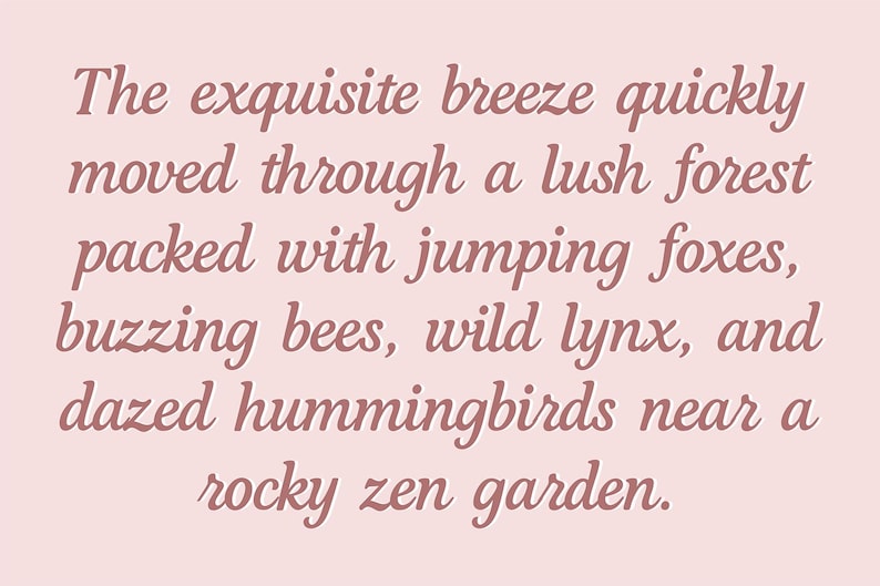 May include: Text on a light pink background reads: "The exquisite breeze quickly moved through a lush forest packed with jumping foxes, buzzing bees, wild lynx, and dazed hummingbirds near a rocky zen garden."