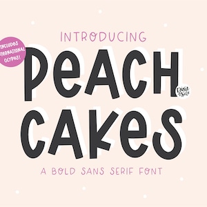 May include: A digital graphic design featuring the words "Peach Cakes" in a bold, sans-serif font with a white shadow effect. The design includes the text "Introducing" and "A Bold Sans Serif Font" on a light pink background with white dots.