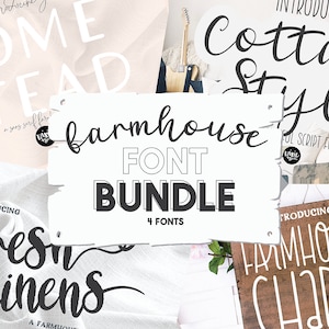 Puede incluir: Un paquete de fuentes de estilo farmhouse con cuatro fuentes diferentes: Homestead, Cottage Style, Fresh Linens y Farmhouse Charm. Las fuentes se muestran en varios fondos, incluyendo una superficie blanca, un letrero de madera y un trozo de tela.