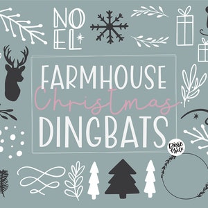 Pu&ograve; includere: Clipart natalizio in stile farmhouse in bianco e nero con il testo "Christmas" in rosa. Il clipart include un cervo, fiocchi di neve, stelle, ghirlande e altri elementi festivi.