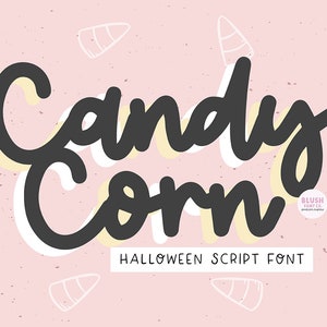 May include: Candy Corn Halloween Script Font, a handwritten font design with a pink background and white candy corn illustrations.