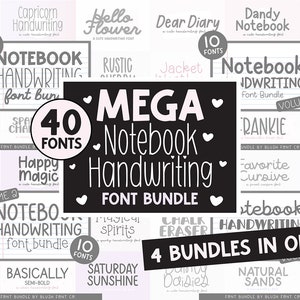 May include: A collage of 40 different handwritten fonts in a black and white color scheme with pink hearts. The fonts are organized into four bundles, each with 10 fonts. The text "MEGA Notebook Handwriting FONT BUNDLE" is displayed in large, bold letters.