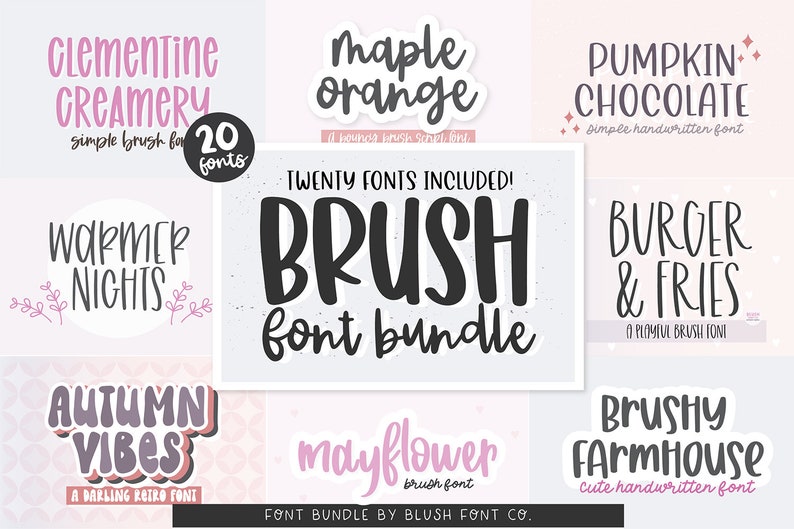 May include: A digital download bundle of 20 brush fonts. The fonts are shown in various styles and colours, with names such as "Clementine Creamery", "Maple Orange", "Warmer Nights", "Autumn Vibes", "Mayflower", "Pumpkin Chocolate", "Burger & Fries", and "Brushy Farmhouse".