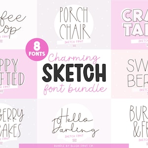 Puede incluir: Un conjunto de 8 fuentes de boceto encantadoras, cada una con un estilo diferente. Las fuentes se muestran en una cuadrícula rosa y blanca con el texto "Charming Sketch font bundle" en el centro. Las fuentes incluyen "Coffee Shop", "Porch Chair", "Craft Table", "Happy Crafted", "Sweet Berry", "Blueberry Pancakes", "Hello Darling" y "Burger & Fries".