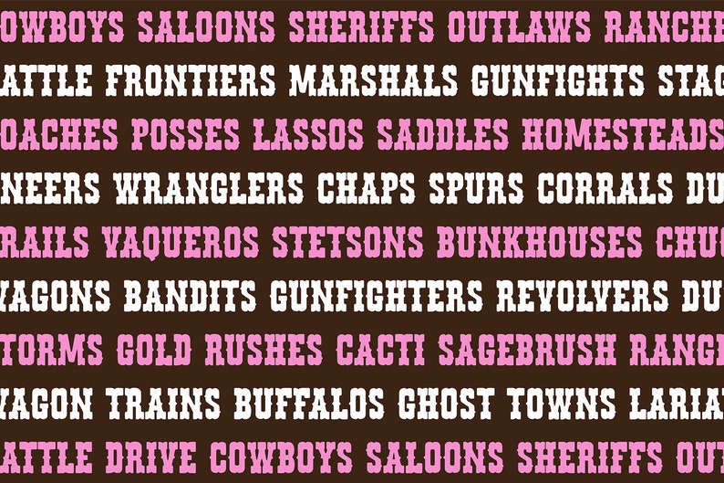 Puede incluir: Un fondo marr&oacute;n con texto rosa y blanco. El texto est&aacute; en una fuente western e incluye palabras como cowboys, saloons, sheriffs, outlaws, ranchos, fronteras, marshals, tiroteos, posses, lassos, sillas de montar, homesteads, vaqueros, chaps, espuelas, corrales, vaqueros, stetsons, bunkhouses, bandidos, pistoleros, rev&oacute;lveres, fiebre del oro, cactus, artemisa, trenes de vagones, b&uacute;falos, pueblos fantasmas y cattle drive.