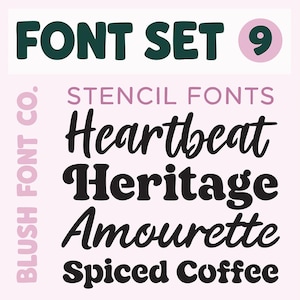 Pode incluir: Um design gráfico com um conjunto de fontes com o texto "FONT SET 9" em verde escuro. Abaixo, as palavras "STENCIL FONTS" e quatro nomes de fontes são exibidos em preto, incluindo "Heartbeat" e "Heritage". O fundo é rosa claro.