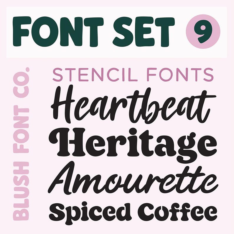 May include: A graphic design featuring a font set with the text "FONT SET 9" in dark green. Below, the words "STENCIL FONTS" and four font names are displayed in black, including "Heartbeat" and "Heritage". The background is light pink.