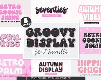 Groovy Display Font Bundle - Retro Font Bundle, Font Bundle for Cricut, groovy fonts, boho fonts, cute font bundle, girly, procreate fonts