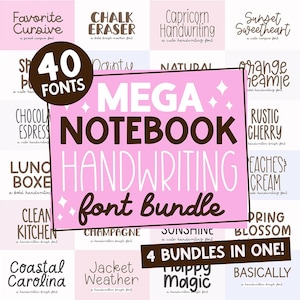 May include: A digital font bundle with 40 fonts, including handwritten styles. The image features a pink and white color scheme with font names like "Hello Flower" and "Fresh Bread". The text "MEGA NOTEBOOK HANDWRITING font bundle" is prominently displayed.