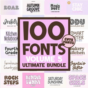 Może przedstawiać: Cyfrowa grafika przedstawiająca centralny różowy kwadrat z ciemnobrązowym napisem 100 FONTS VOLUME 5 ULTIMATE BUNDLE oraz małym kółkiem z napisem CUTE FONTS. Tło stanowi siatka różnych próbek stylów czcionek z tekstem, takim jak Wedding Guests, Autumn Groove, Magic Dust, Stay Chic, Home Team, Pumpkin Porch Marker, Blue Jeans, Kitchen Notebook i Galaxy Rock.