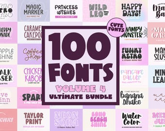 100 FONTS - Ultimate Font Bundle Vol 4, Cricut, goodnotes fonts, handwriting, big font bundle, cute writing, huge font bundles, canva