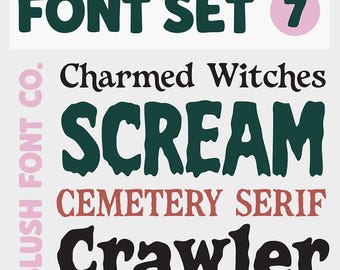 Puede incluir: Un diseño gráfico con varios estilos de fuente. Las palabras "FONT SET 7" están en la parte superior en verde oscuro. Debajo están las palabras "Charmed Witches", "SCREAM", "CEMETERY SERIF" y "Crawler" en diferentes fuentes y colores. El texto "BLUSH FONT CO." está a la izquierda.