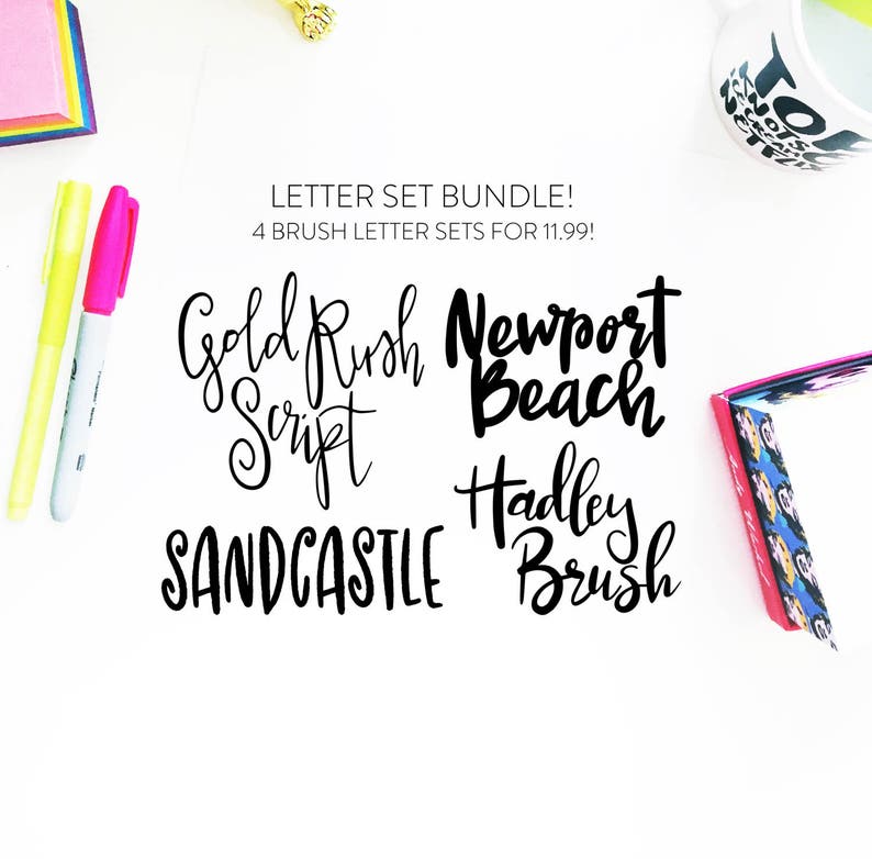 NEW Letter Set BUNDLE 5-INSTANT download four brush fonts in svg format, font bundle, handlettered font, brush font, script svg, font cut image 1