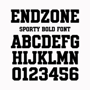 May include: Black, bold font set with the words "ENDZONE" and "SPORTY BOLD FONT" above a full alphabet and numbers 0-6. The font is a block style, suitable for sports-themed designs.