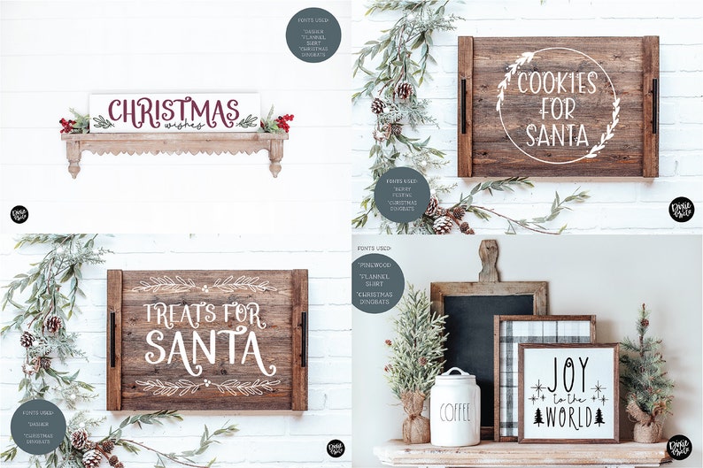 Pu&ograve; includere: Quattro cartelli in legno con detti a tema natalizio. I cartelli sono decorati con verde e bacche rosse. I detti sono "Christmas Wishes", "Cookies for Santa", "Treats for Santa" e "Joy to the World".
