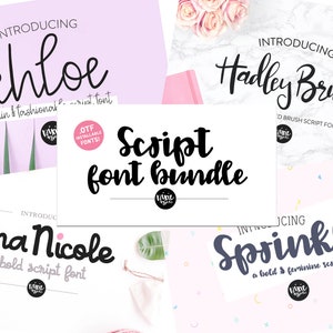 May include: A digital product bundle of four script fonts: Khloe, Hadley Brush, Ana Nicole, and Sprinkle. The fonts are shown on a variety of backgrounds, including pink, white, and marble. The text "Script font bundle" is written in a large, bold font.