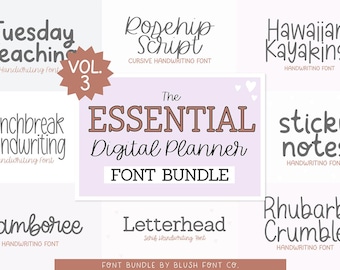 May include: A digital planner font bundle with a pink background and the text "The Essential Digital Planner Font Bundle" in a brown font. The bundle includes 10 different fonts with names like "Tuesday Teaching", "Rosehip Script", "Lunchbreak Handwriting", "Hawaiian Kayaking", "Sticky Notes", "Jamboree", "Letterhead", and "Rhubarb Crumble".