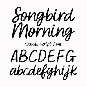 May include: A white background displays the words "Songbird Morning" in a bold, cursive font. Below, the text "Casual Script Font" is written in a smaller, sans-serif font. The letters A-G and a-j are shown in the same cursive style.