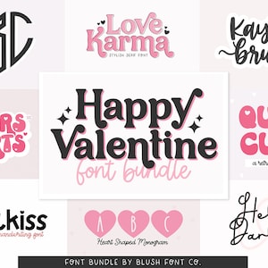 May include: A collection of Valentine's Day font bundles featuring various styles, including a heart monogram, a retro font, a handwritten font, and a script font. The text "Happy Valentine font bundle" is displayed in a bold, pink and black font.