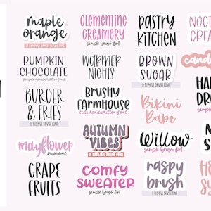 May include: A collection of 20 brush fonts, each with a different name and style. The fonts are displayed in a grid pattern on a pink background. The fonts are all in a handwritten style and are perfect for adding a personal touch to your designs.