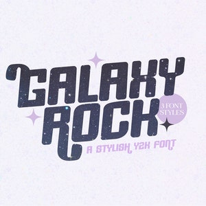 Può includere: Un design di font in stile retrò chiamato "Galaxy Rock" con uno sfondo di cielo stellato. Il testo include "3 Font Styles" e "A Stylish, Y2K Font".