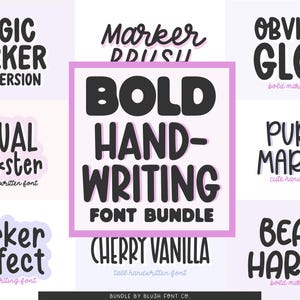 May include: A digital display of a bold handwriting font bundle featuring various typeface styles including Magic Marker, Marker Brush, Obvious Glow, Casual Prankster, Purple Markers, Marker Perfect, Cherry Vanilla, and Beach Harbor in black text.