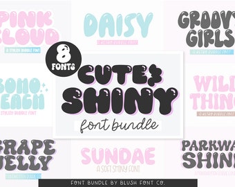 May include: A digital download of 8 cute and shiny bubble fonts. The fonts are in various colors and styles, including pink, blue, black, and gray. The fonts are perfect for adding a fun and playful touch to your designs.
