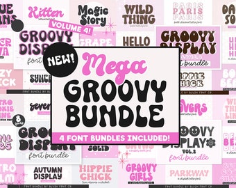 May include: A digital art graphic featuring a collection of retro fonts in pink, black, and white. The central image advertises a "Mega Groovy Bundle" with four font bundles included. Other fonts include "Blue Jeans" and "Lazy Chick".