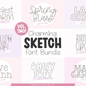 Puede incluir: Una colección de nueve fuentes dibujadas a mano en estilo boceto. Las fuentes se muestran en una cuadrícula con fondo rosa y texto blanco. Las fuentes se llaman "Luckiest Charm", "Stylish Sarari", "Love Quinn", "Spring Blues", "Daisy Soft", "Lazy Chick", "Birthday Cupcakes", "Magic Garden" y "Charming Sketch Font Bundle".