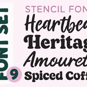 May include: A light pink background displays the words "BLUSH FONT CO." and "FONT SET" in a vertical arrangement. The image also shows the words "STENCIL FONTS" and the font names "Heartbeat", "Heritage", "Amourette", and "Spiced Coffee".