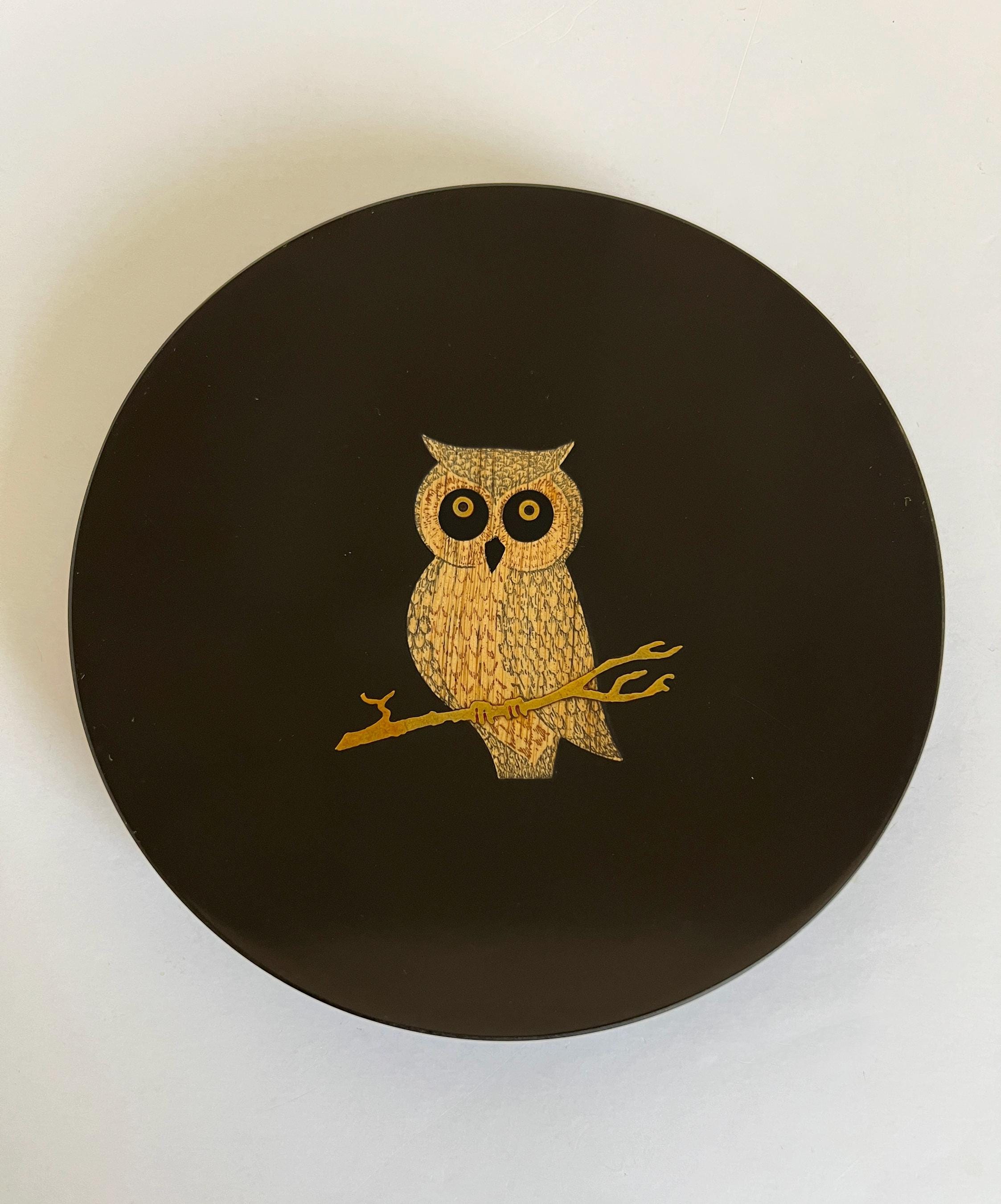 Couroc of Monterey Inlaid Round Plate Tray Owl Mid Century