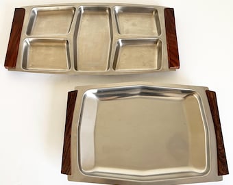 Mid Century Stainless Wood Handle Divided Tray 15.75" 2pc Set Danish Modern