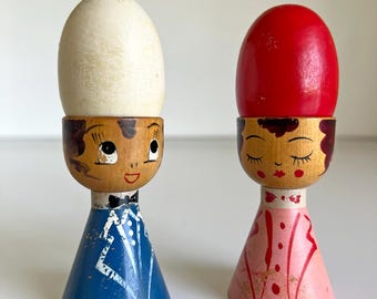 Vintage Boy Girl Salt Shaker Pepper Wood Egg Cup Head Set Hand Painted Japan Mid Century