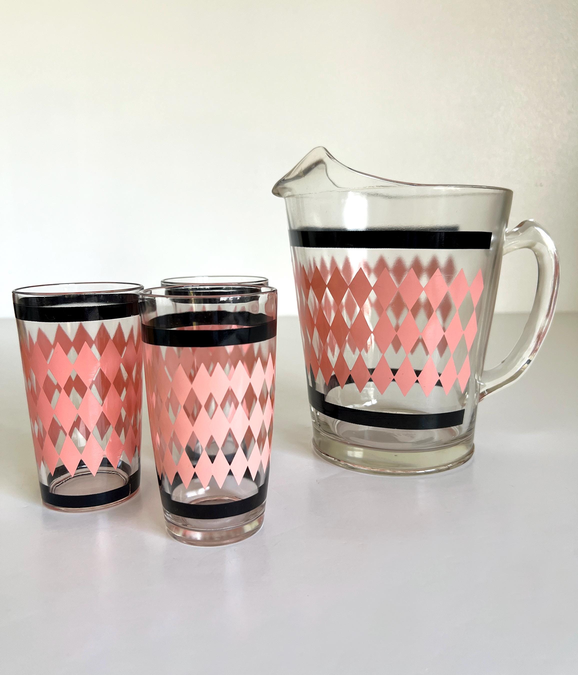 ヴィンテージ 北欧【Gense】Harlequin ポストモダン ガラスオブジェ Hazel Atlas Harlequin Pink Diamond Argyle Black Pitcher Tumbler
