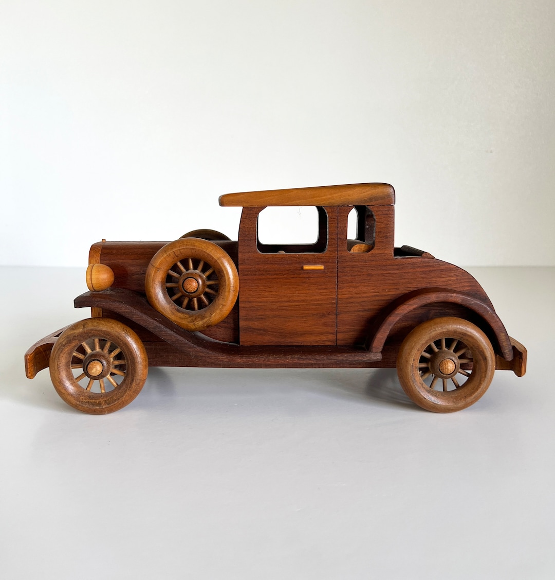 1930 Ford 5 Window Coupe Wood Model Toy Car Vintage Solid Walnut