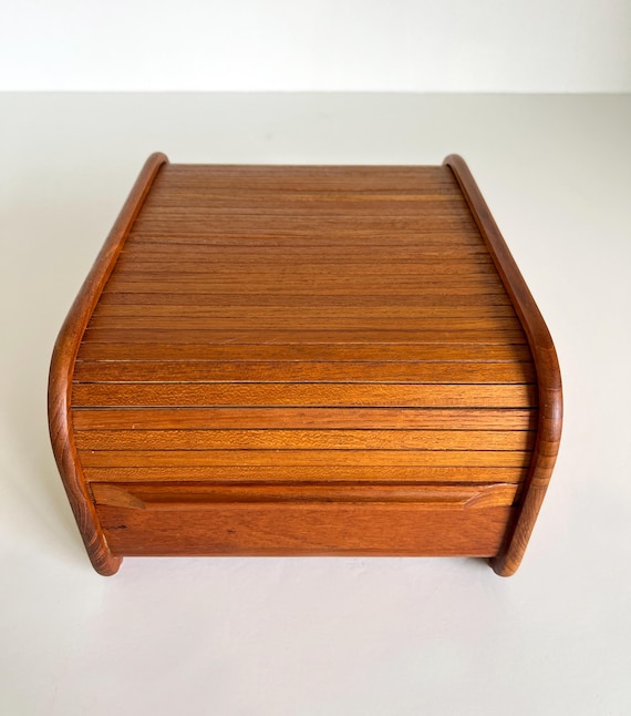 Danish Modern Teak Tambour Roll Top Desk Organizer Vintage Mid