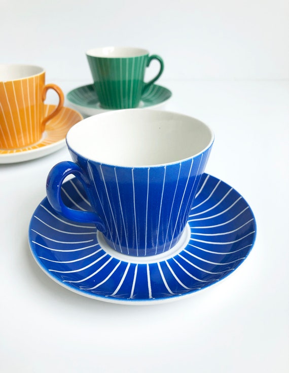 Upsala Ekeby Gefle Zenit Tea Coffee Cup Saucer Blue Mid Century