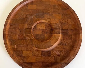 Danish Modern Brostrom Staved Teak Large 13" Round Cheese Board Charcuterie Serving Tray Mid Century