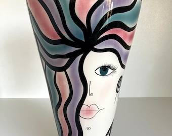 Post Modern Large Studio Art Pottery Memphis Floor Vase Women Face Signed Ceramic Mid Century