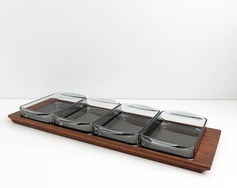 Danish Modern Teak Glass Large Tray Snack Server Set