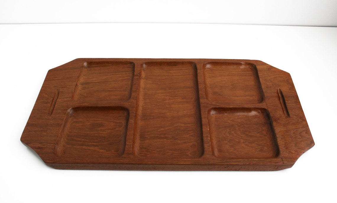 Large Solid Teak Wood Divided Tray Platter Danish Modern Etsy